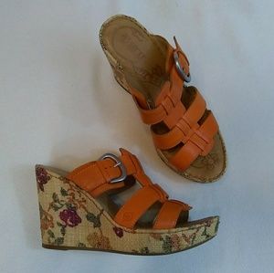 Born Orange Leather Floral Wedge Sandals